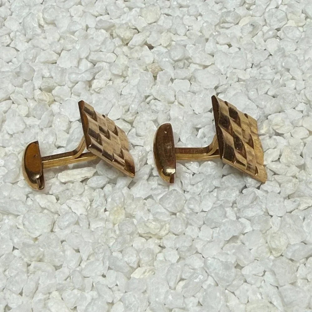 Vintage Gold-Tone Basket-Weave Rectangular Cufflinks Hickock